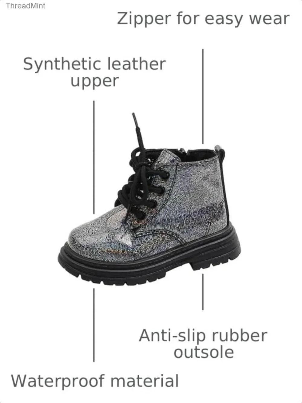 Girls Lace Up Zipper Ankle Leather Boots, Faux Leather, Dress Boots